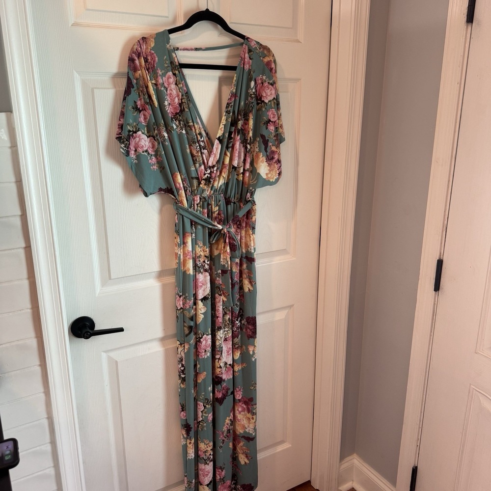 Lovely Melody Green Pink Floral Maxi Kaftan Dress Women's Sz 2XL Romantic